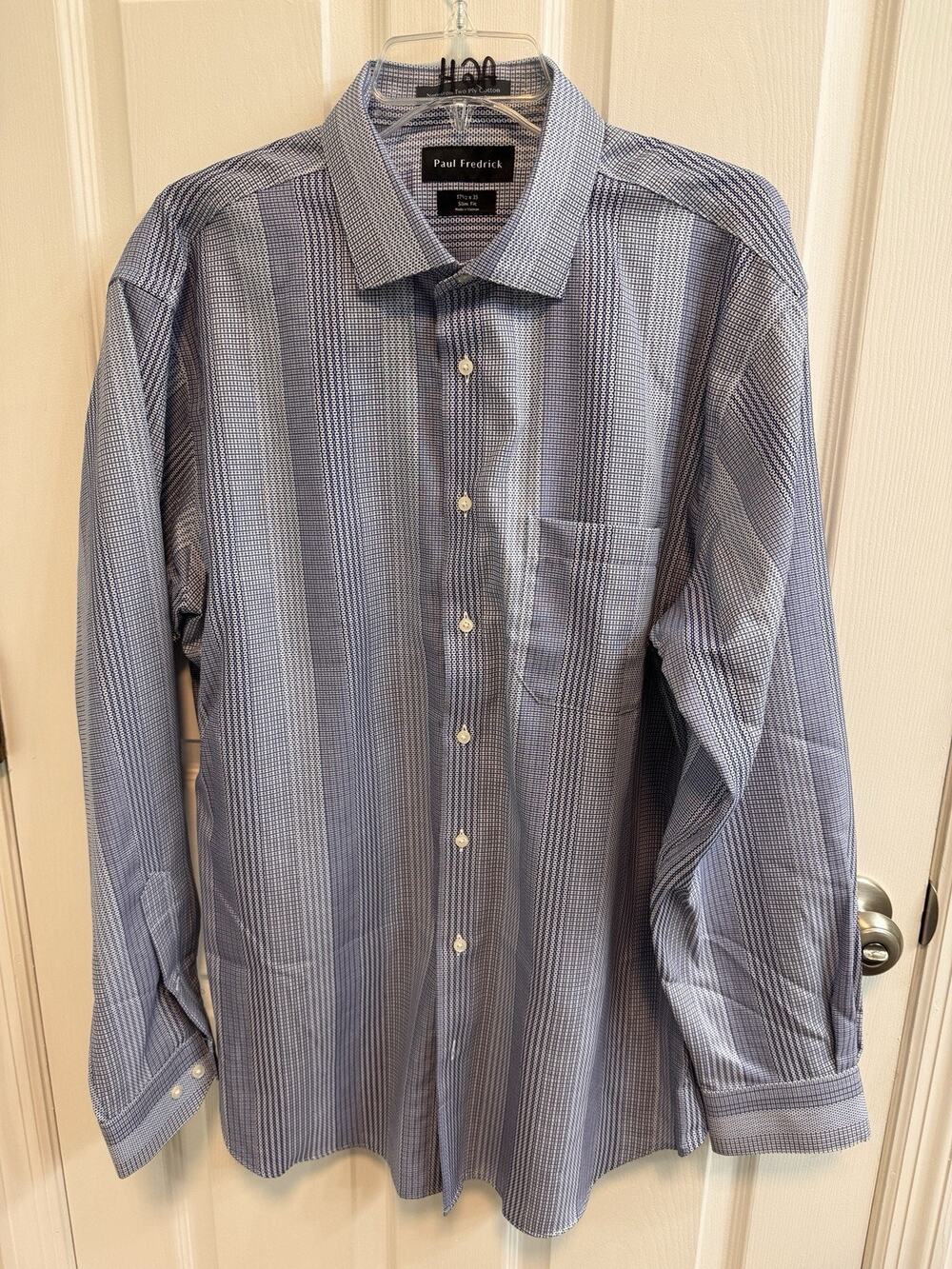 Paul Frederick 17 1/2 X 35 Slim Fit Men’s Button Shirt Blue White Two Ply Cotton